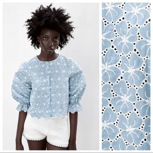 Zara light blue openwork embroidery blouse, size Large, cotton